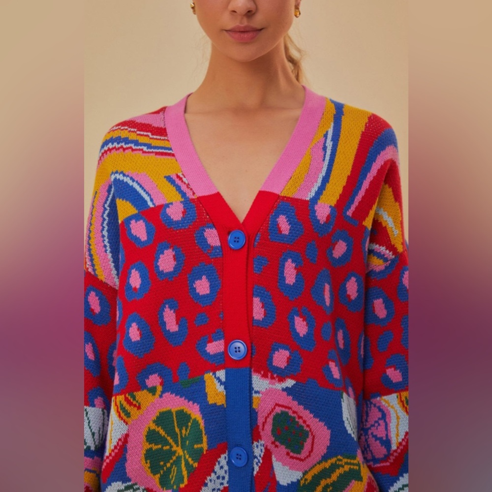 FARM Rio Multicolor Patchwork Knit Cardigan - Red, Blue, Pink, Yellow, Green - Picture 2 of 13